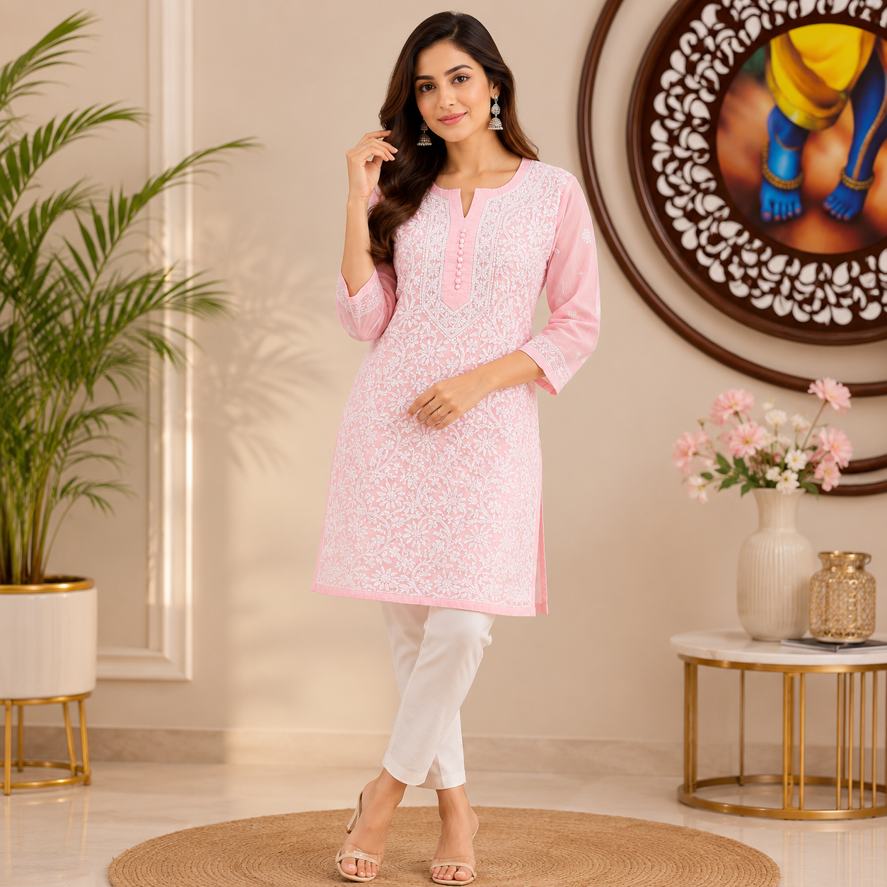 Women's Baby Pink Chikankari Kurti | Premium Embroidered Straight Kurta | Rajvithi