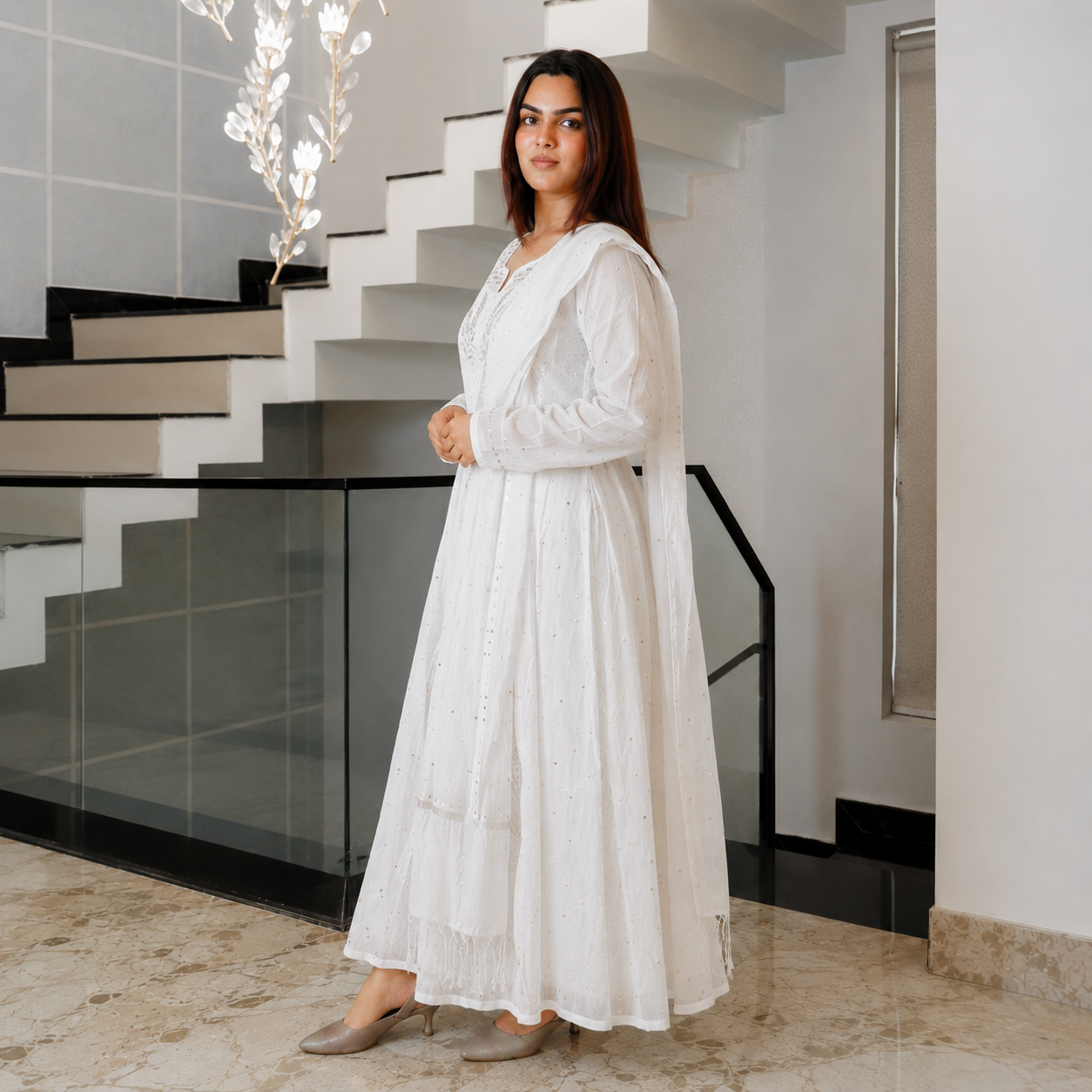 Pearl Mist White Mul Cotton Peta Work Kurta Set for Women | Rajvithi