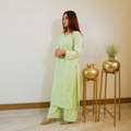 Pistachio Whisper Green Chanderi Chikankari Kurta Pant Set for Women | Rajvithi