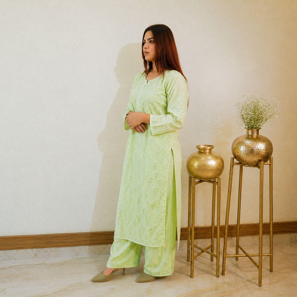 Pistachio Whisper Green Chanderi Chikankari Kurta Pant Set for Women | Rajvithi