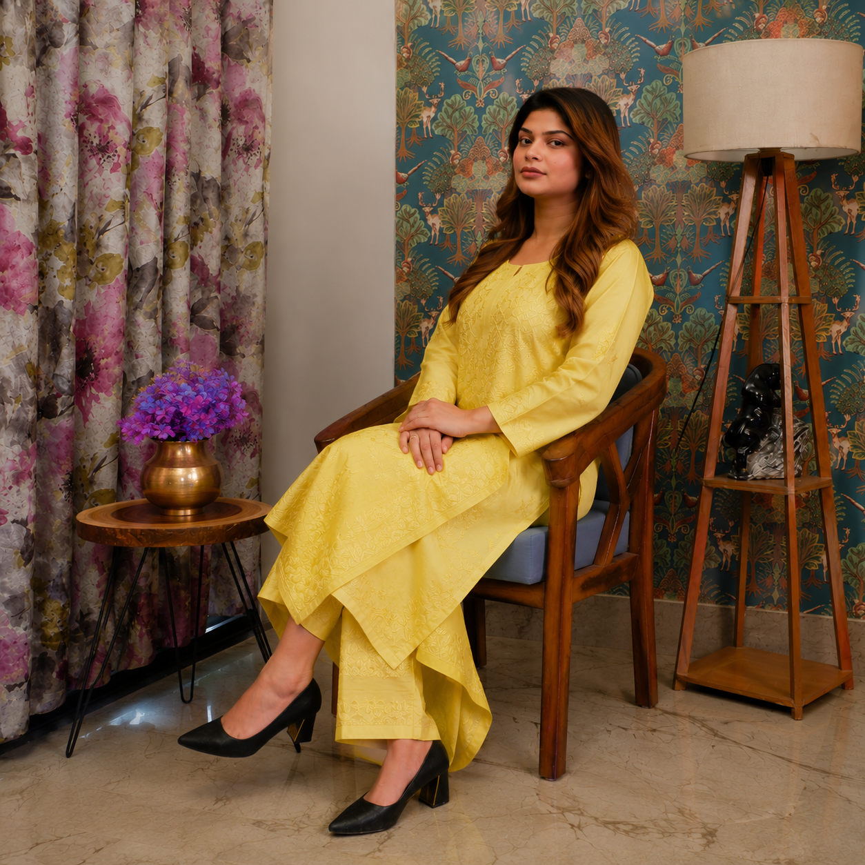 Sunshine Grace Yellow Chanderi Chikankari Kurta Set for Women | Rajvithi