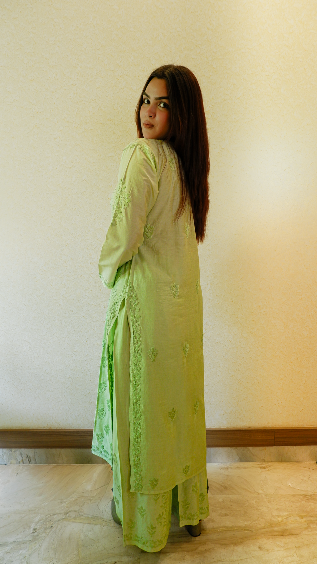 Pistachio Whisper (Chanderi Chikan Kari Kurta &amp; Pant Set)