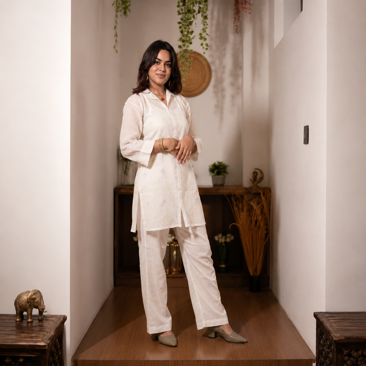 Ivory Straight Chikankari Kurti Set with Minimal Detailing for Women | Rajvithi