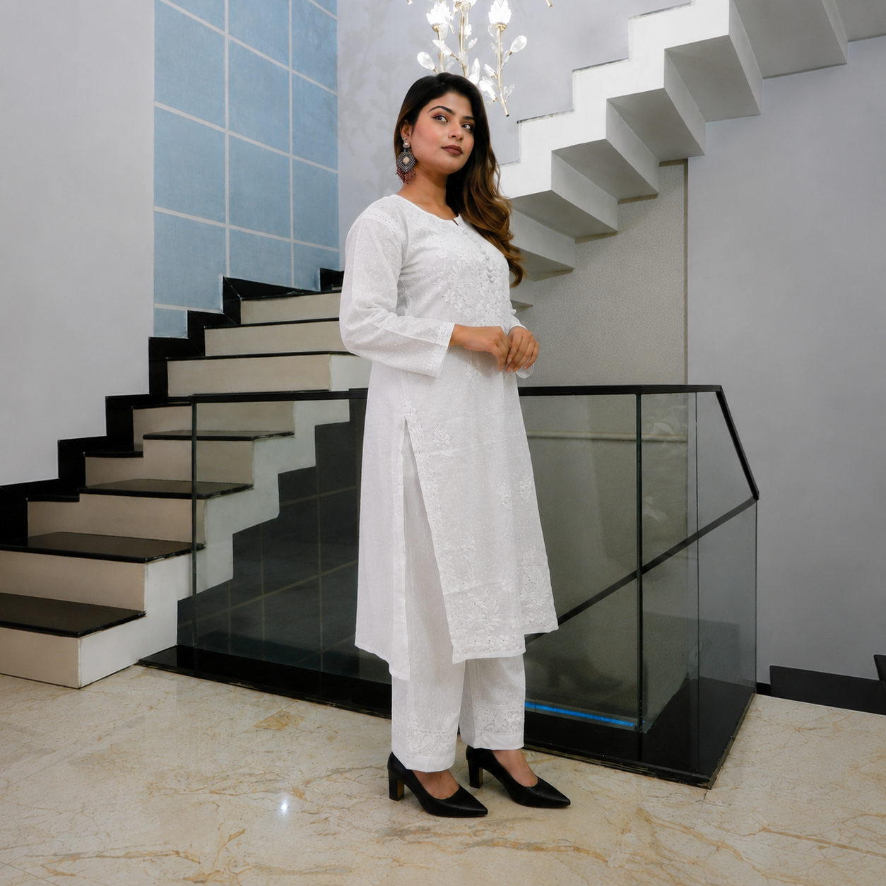Moonlit Muse White Cotton Chikankari Kurta for Women | Rajvithi