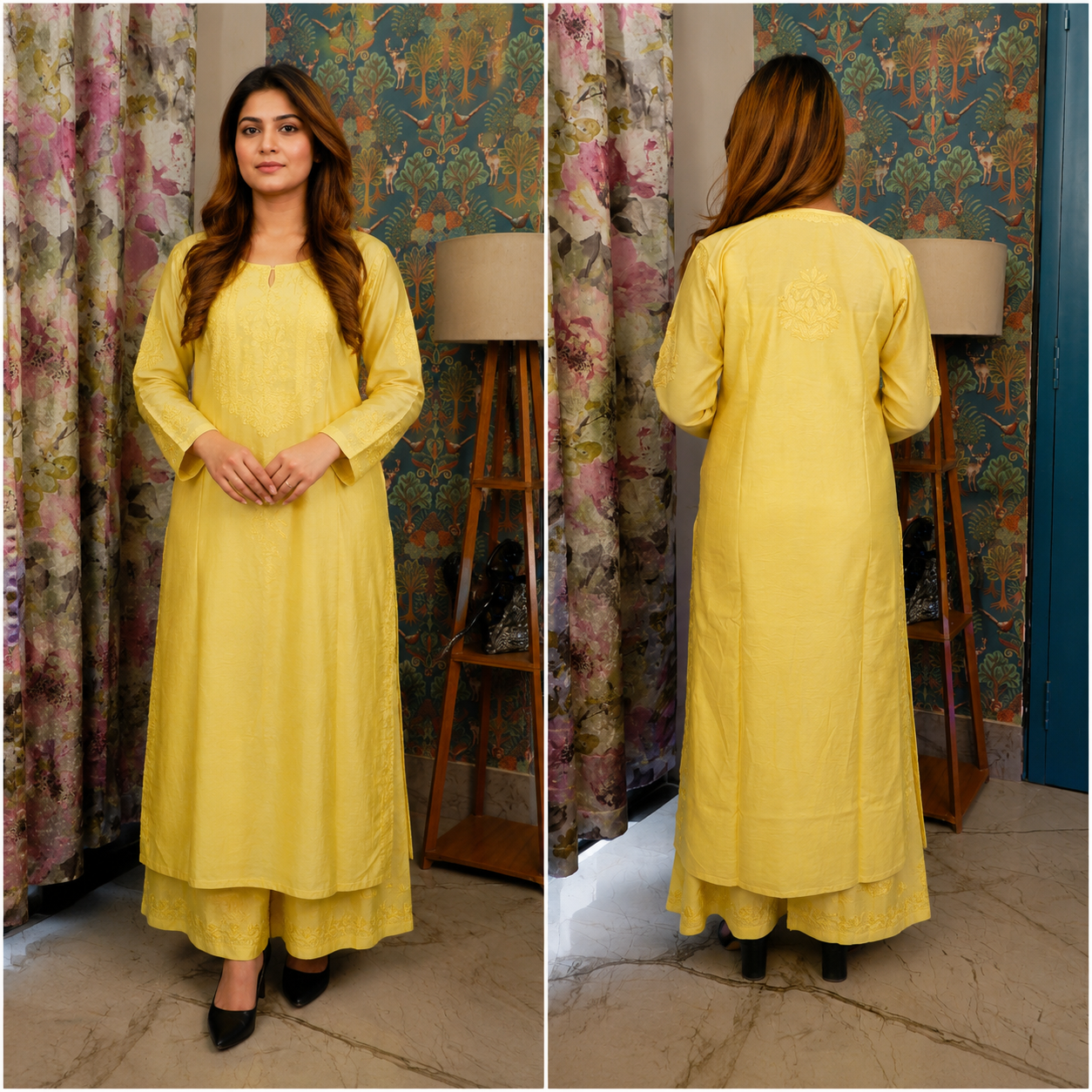 Sunshine Grace Yellow Chanderi Chikankari Kurta Set for Women | Rajvithi