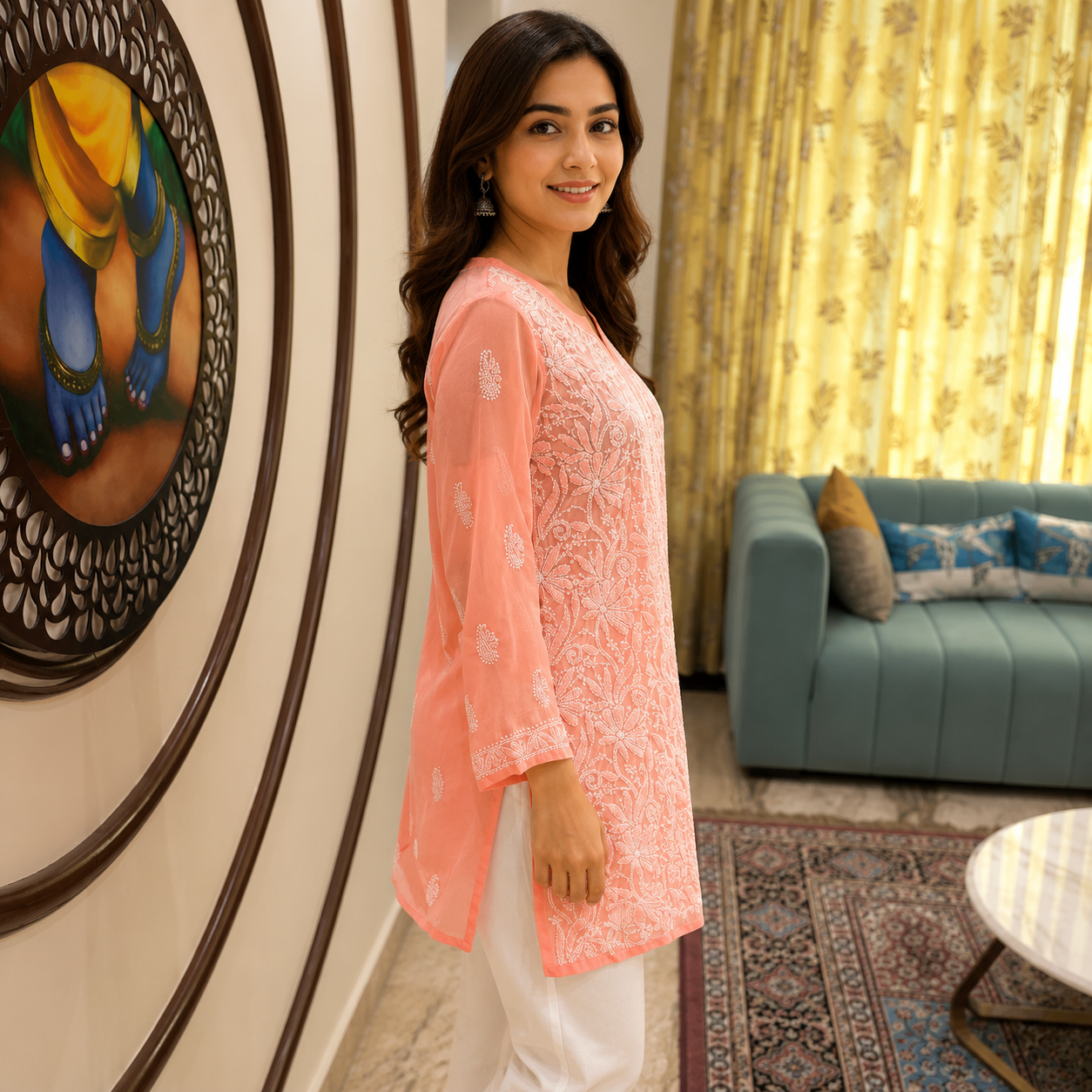 Women's Peach Chikankari Kurti | Premium Embroidered Straight Kurta | Rajvithi