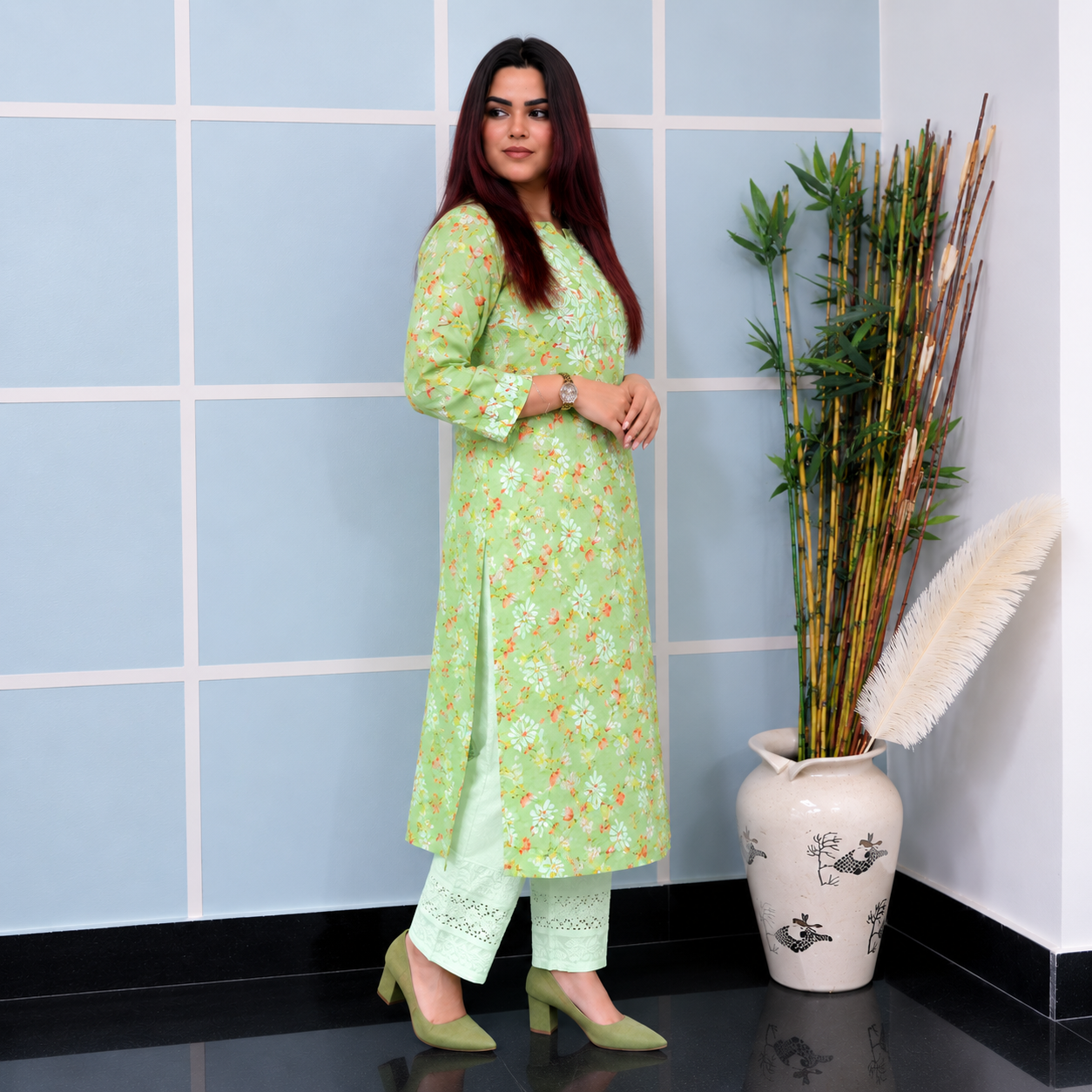 Mint Blossom (Modal Chikan Kurta)