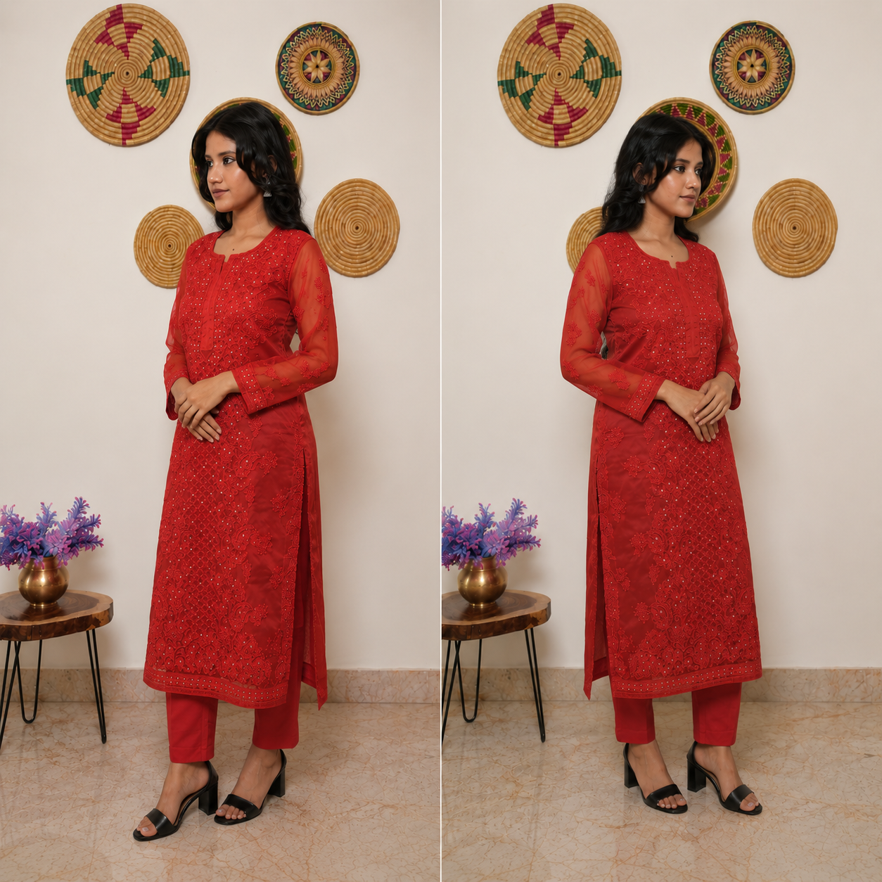 Red Embroidered Kurti with Sheer Sleeves