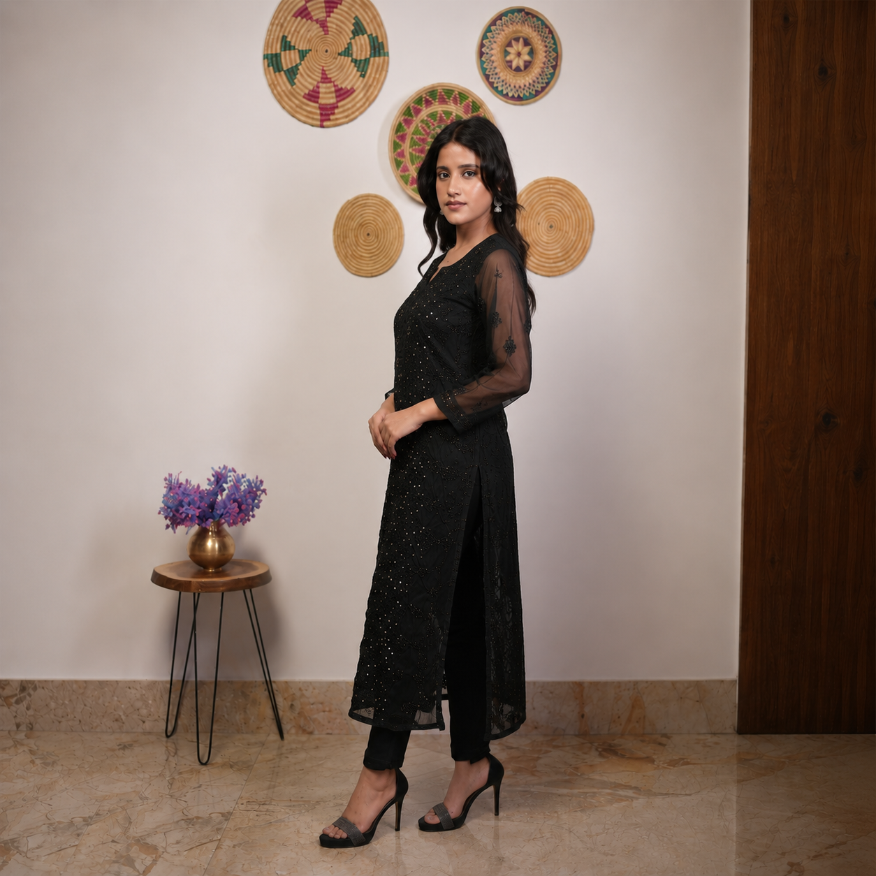 Black Embroidered Kurti with Sheer Sleeves