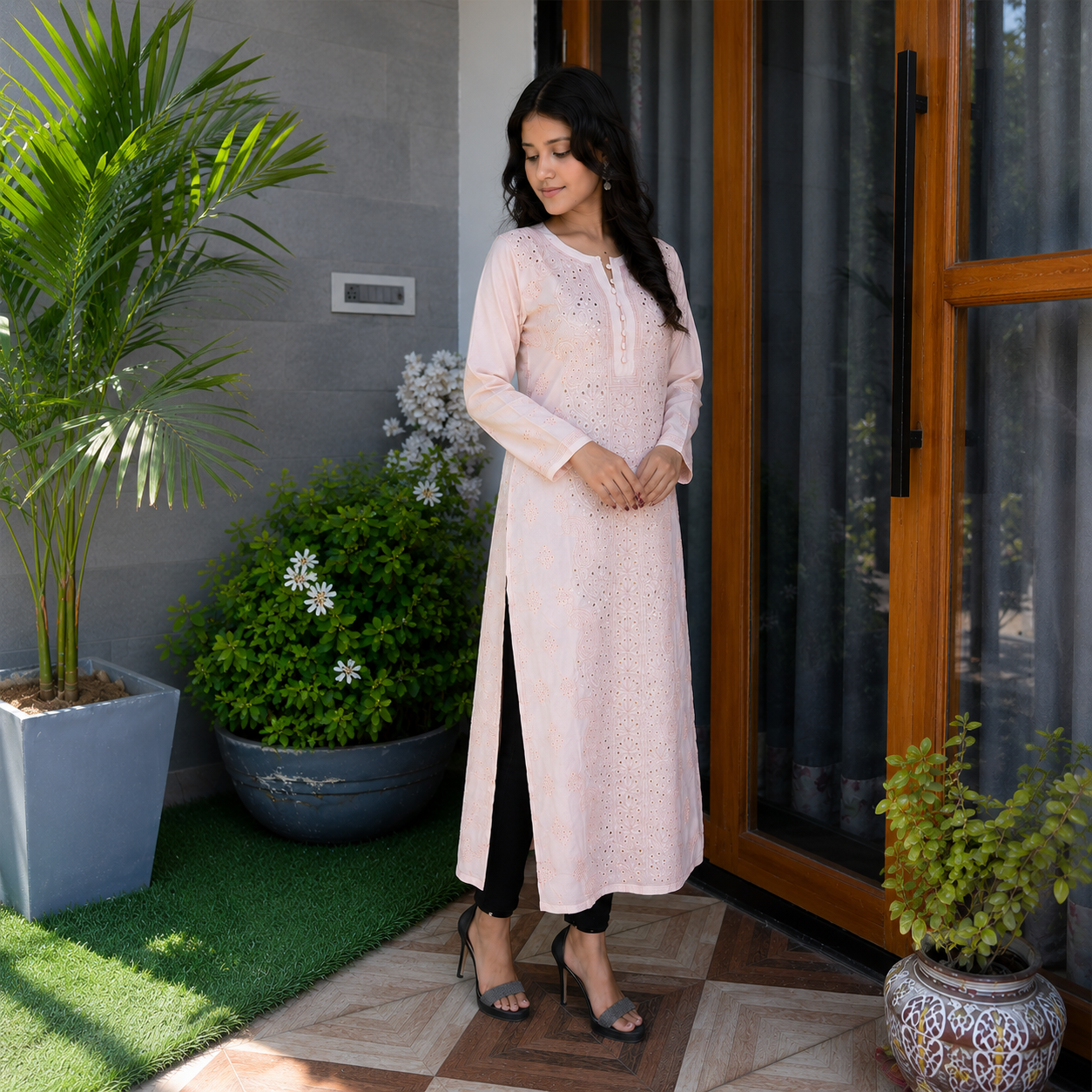 Peach Embroidered Straight Kurti with Delicate Detailing