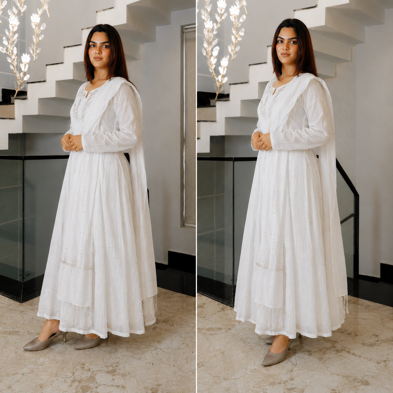 Pearl Mist White Mul Cotton Peta Work Kurta Set for Women | Rajvithi