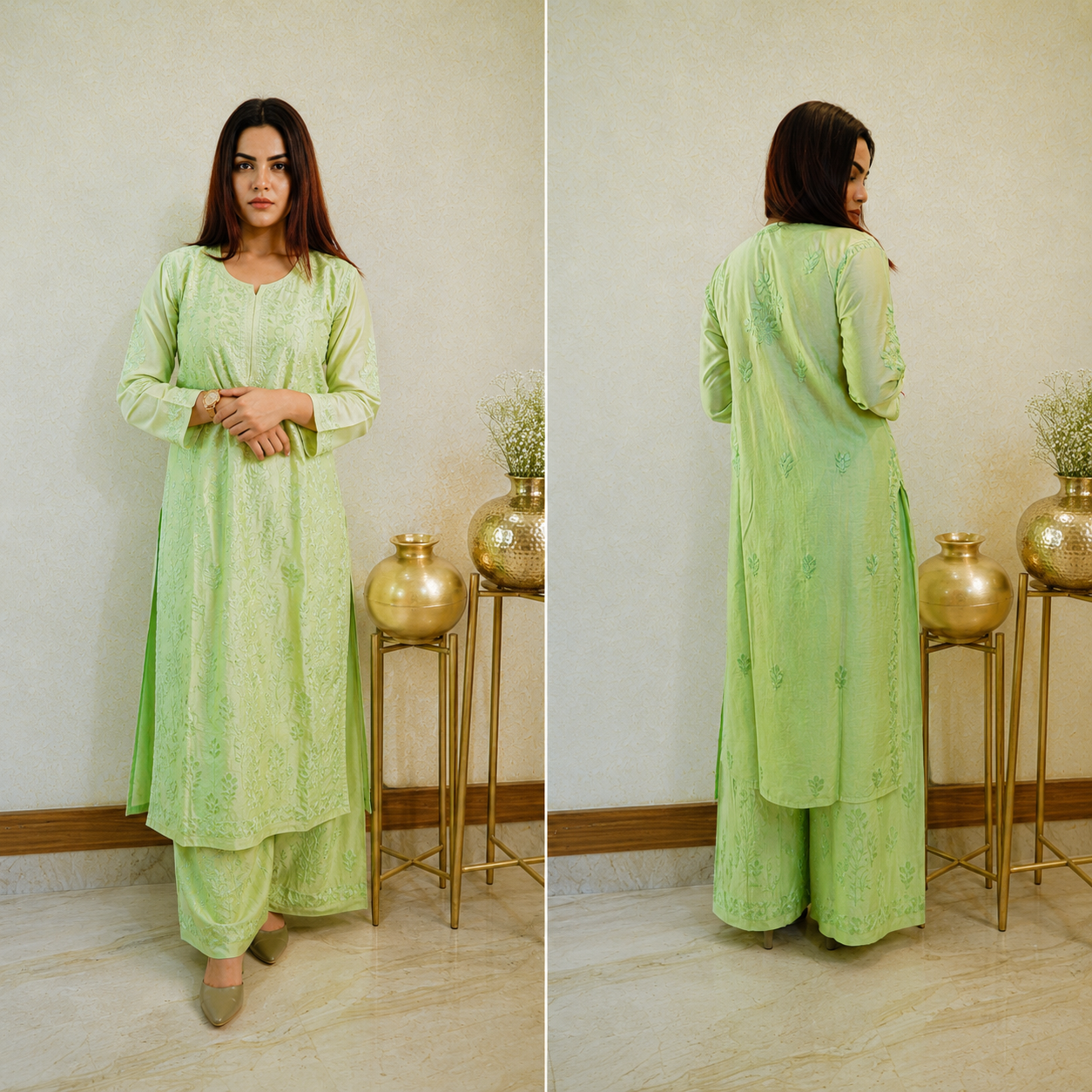 Pistachio Whisper Green Chanderi Chikankari Kurta Pant Set for Women | Rajvithi