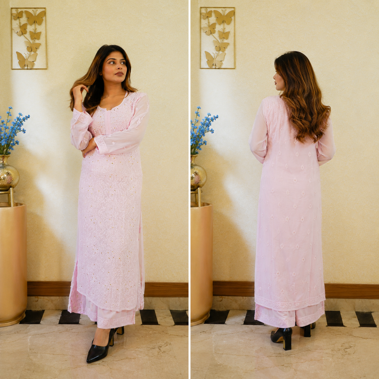Gulabi Nazaakat (Pure Georgette Chikan Kari Kurta &amp; Bottom Set)