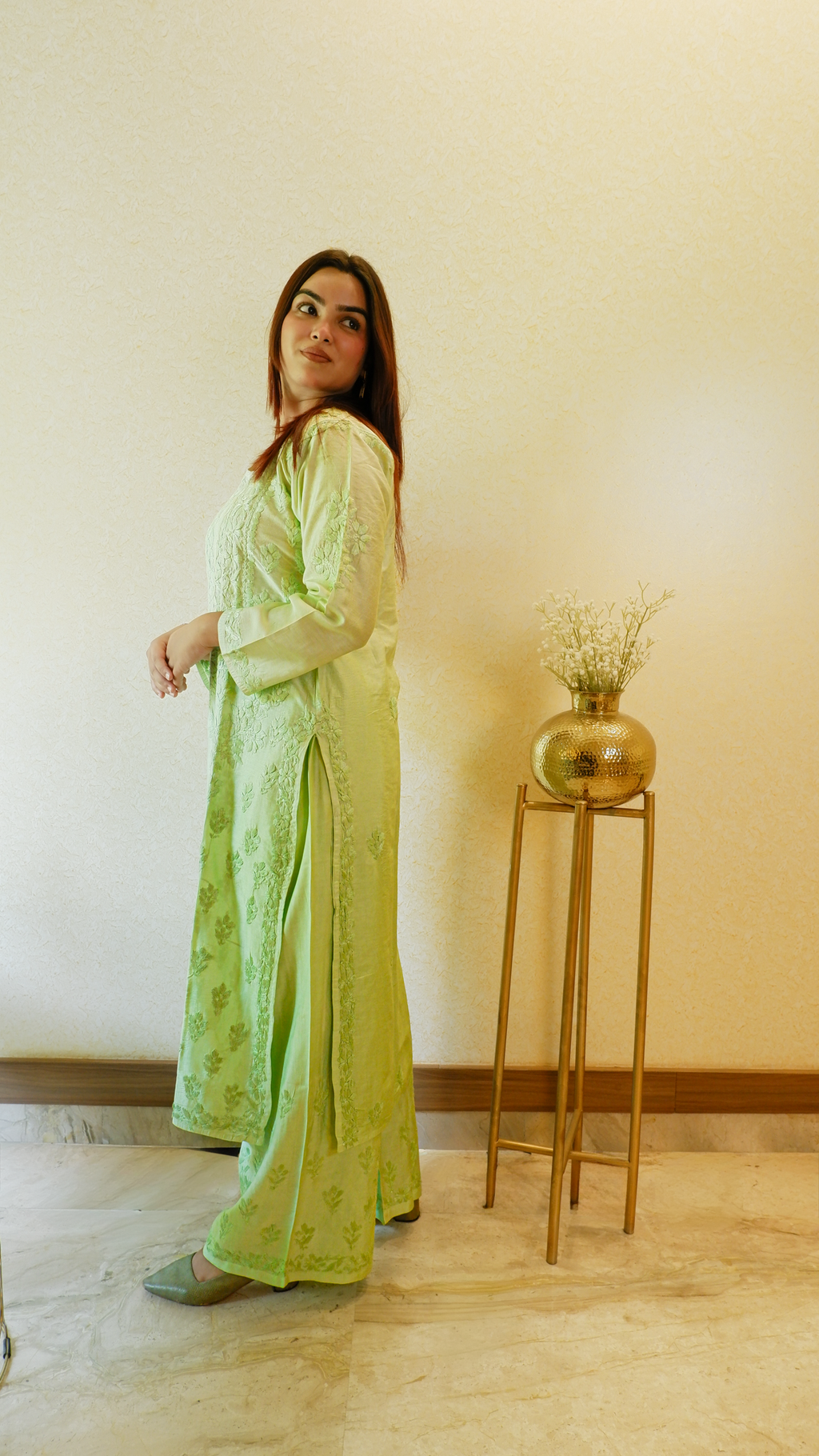 Pistachio Whisper (Chanderi Chikan Kari Kurta &amp; Pant Set)