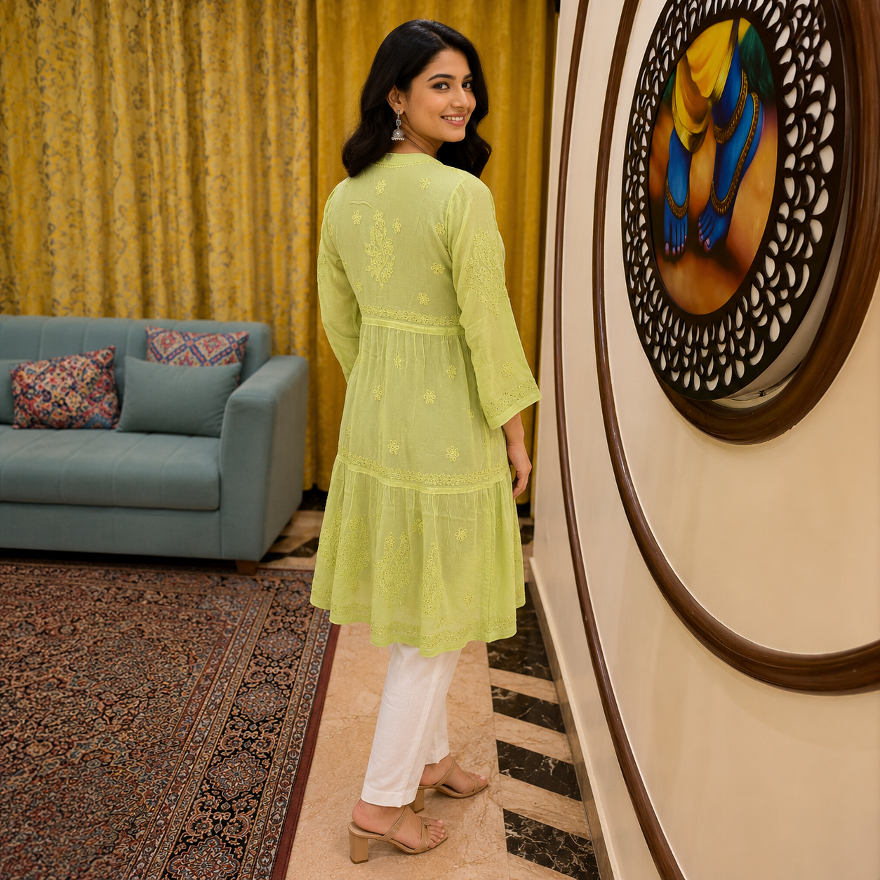 Women's Pista Green Chikankari Kurti | Premium Embroidered A-Line Kurta | Rajvithi