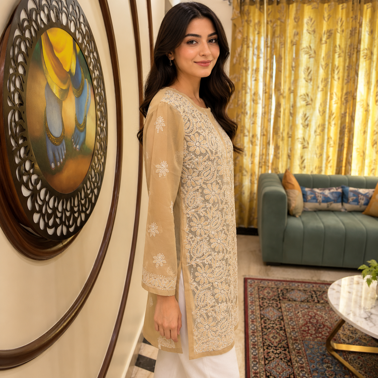 Women's Beige Chikankari Kurti | Premium Embroidered Straight Kurta | Rajvithi