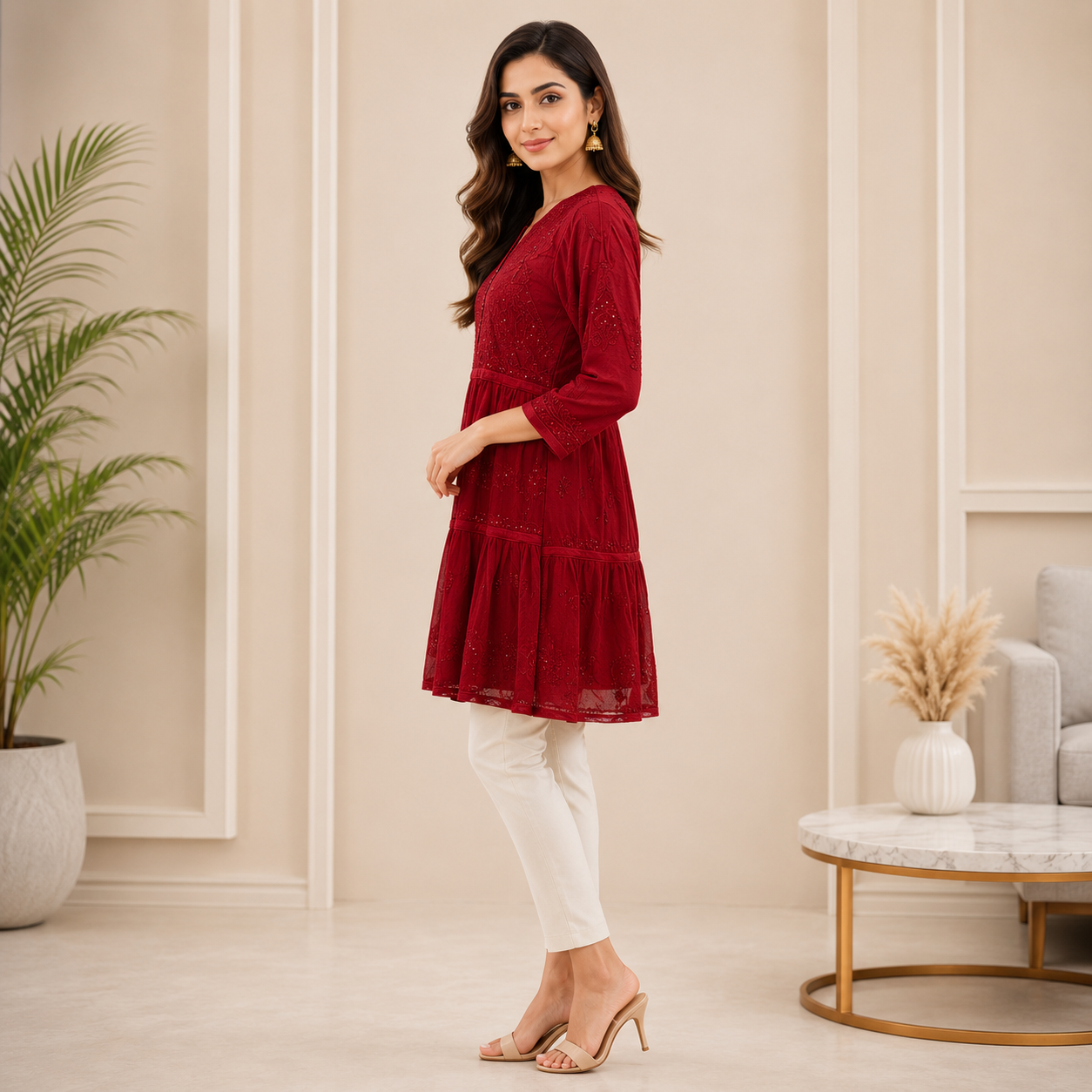 Women's Wine Chikankari Kurti | Premium Embroidered A-Line Kurta | Rajvithi
