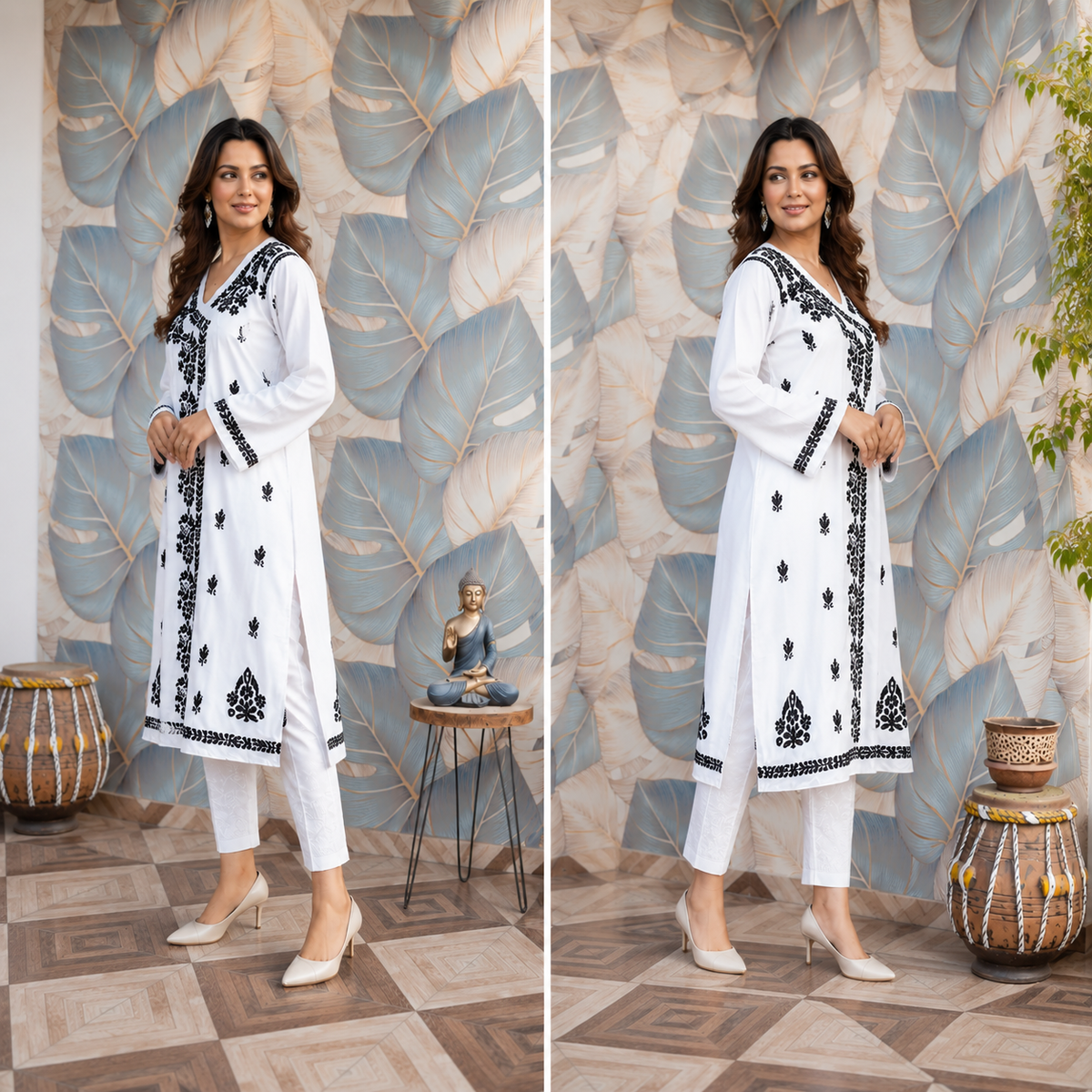 White Black Printed Anarkali Kurti with Floral Detailing for Women | Rajvithi