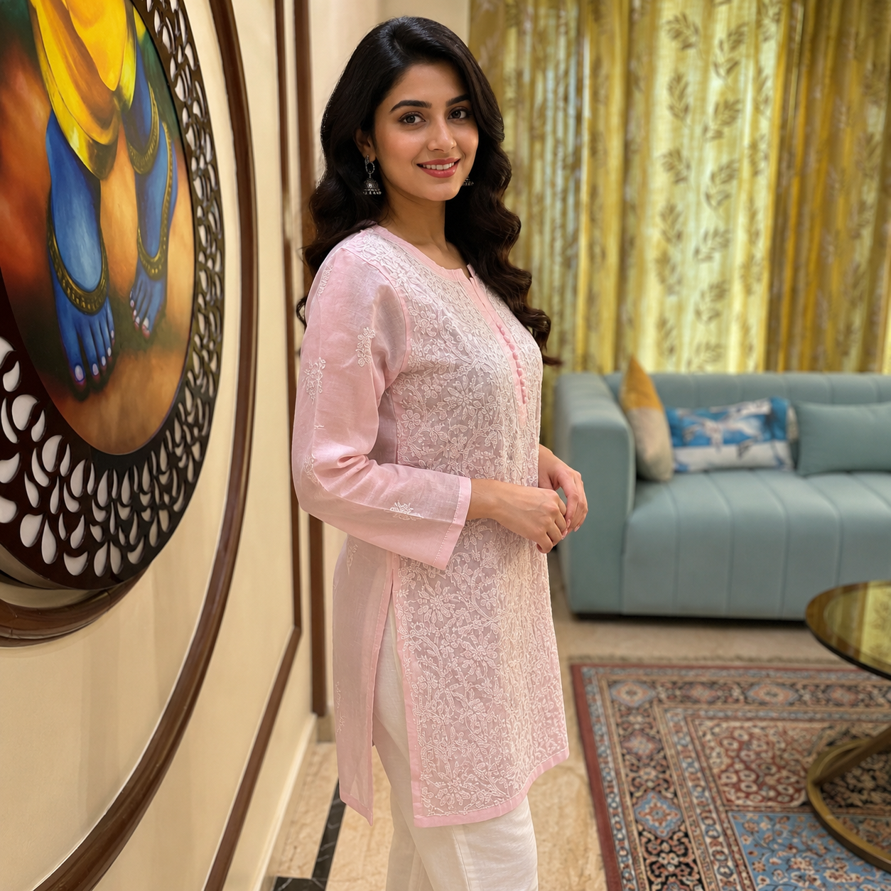 Women's Baby Pink Chikankari Kurti | Premium Embroidered Straight Kurta | Rajvithi