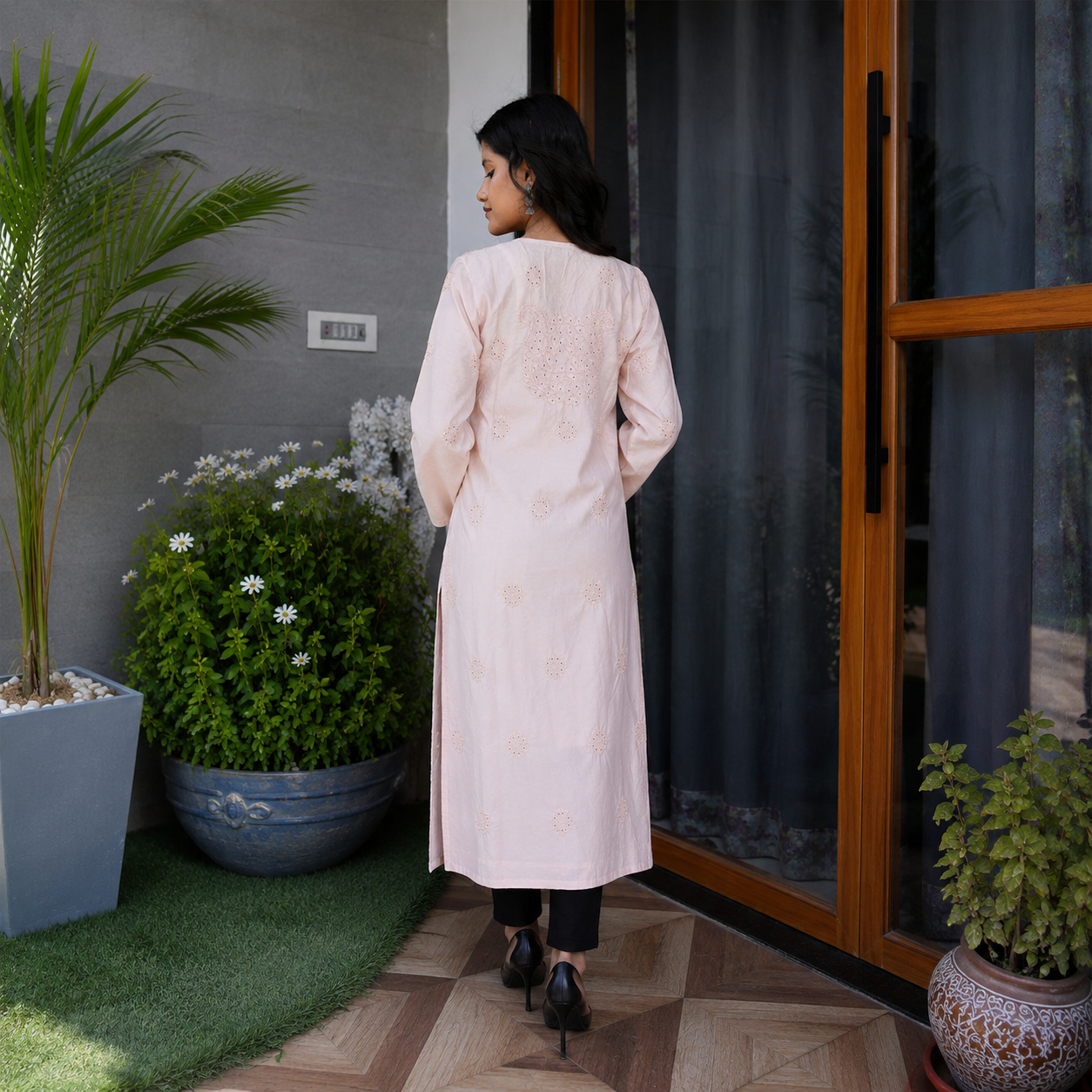 Peach Embroidered Straight Kurti with Delicate Detailing