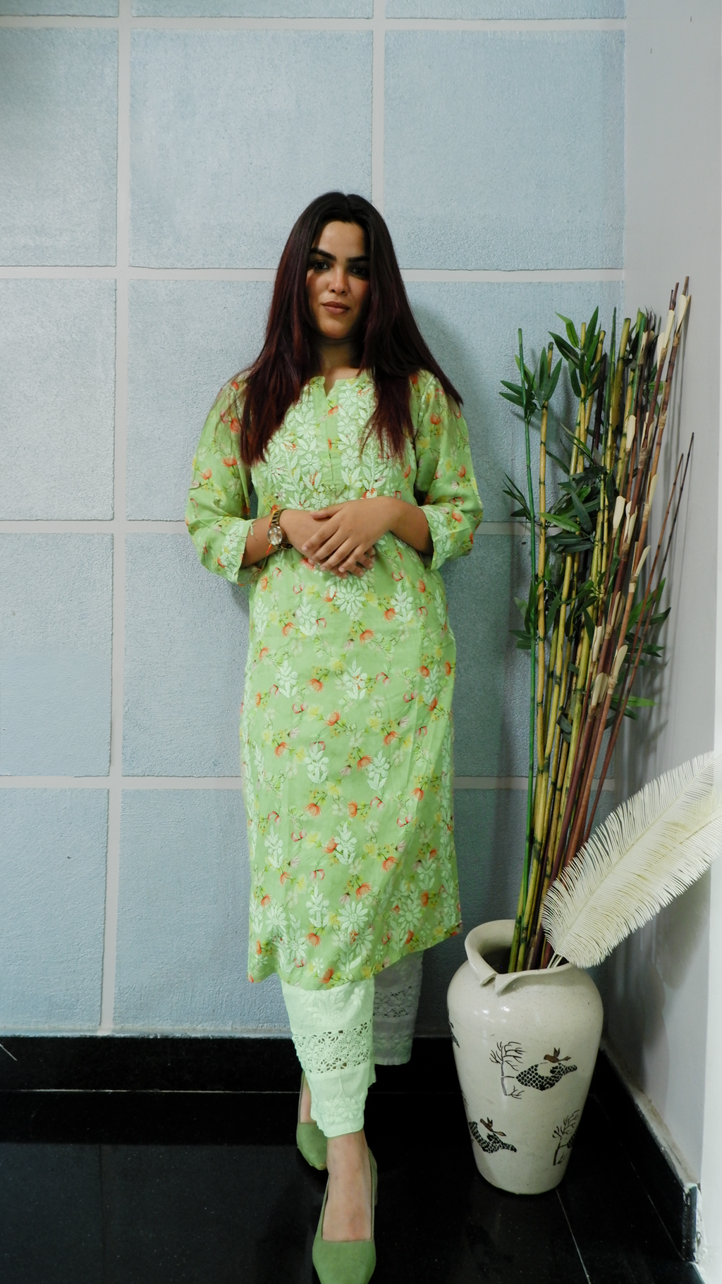 Mint Blossom (Modal Chikan Kurta)