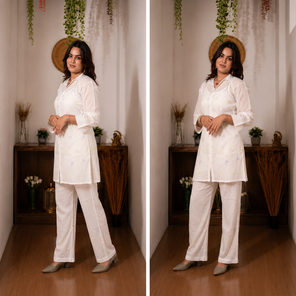 Ivory Straight Chikankari Kurti Set with Minimal Detailing for Women | Rajvithi