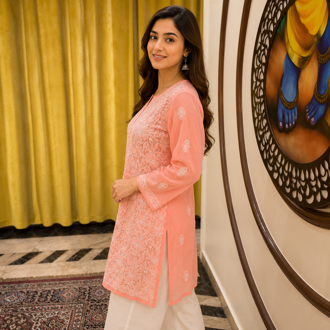 Women's Peach Chikankari Kurti | Premium Embroidered Straight Kurta | Rajvithi