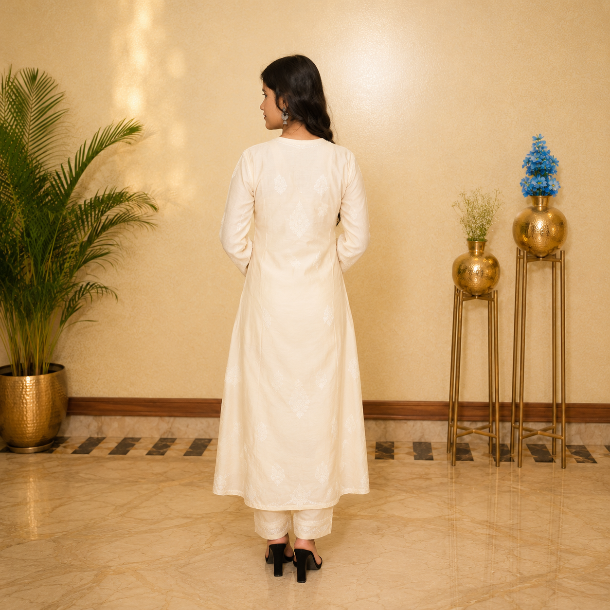Ivory Straight Chikankari Kurti Set with Minimal Detailing for Women | Rajvithi