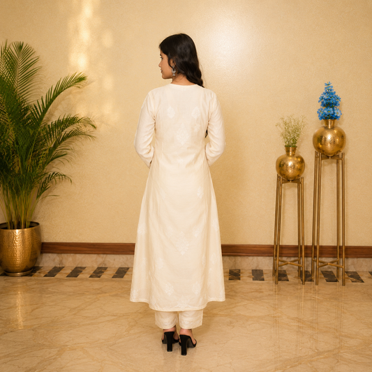 Ivory Elegance Embroidered Kurti Set