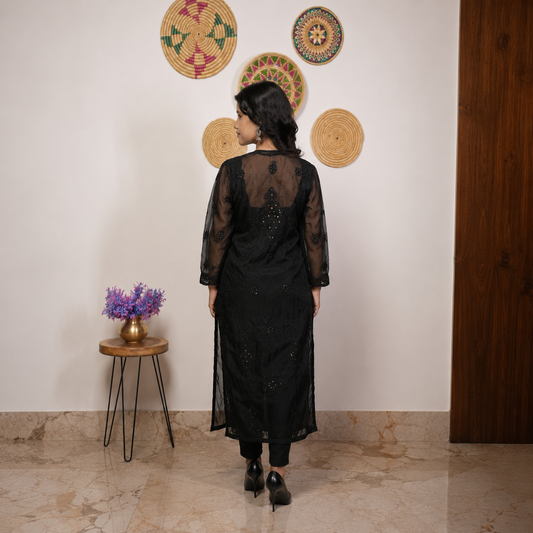Black Embroidered Kurti with Sheer Sleeves