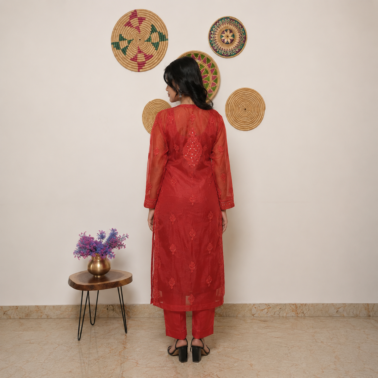 Red Embroidered Kurti with Sheer Sleeves