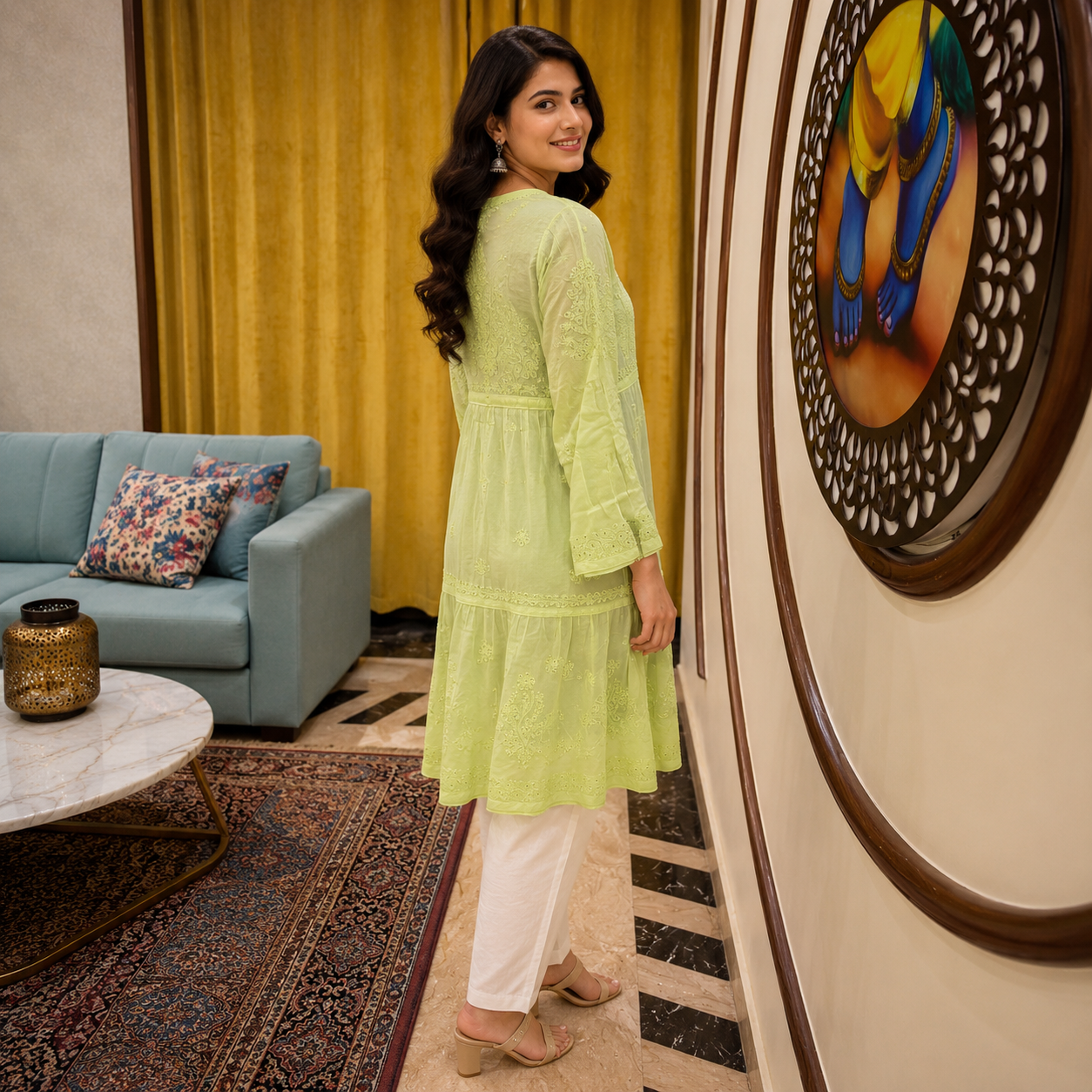Women's Pista Green Chikankari Kurti | Premium Embroidered A-Line Kurta | Rajvithi