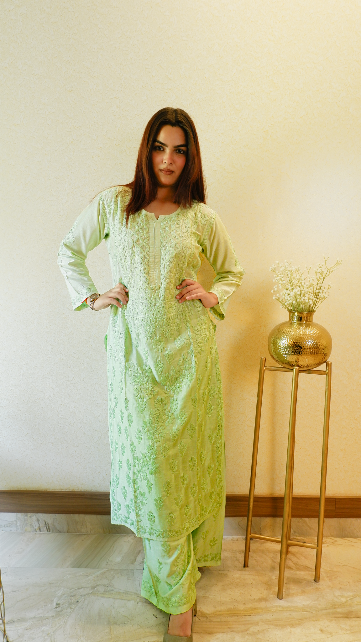 Pistachio Whisper (Chanderi Chikan Kari Kurta &amp; Pant Set)