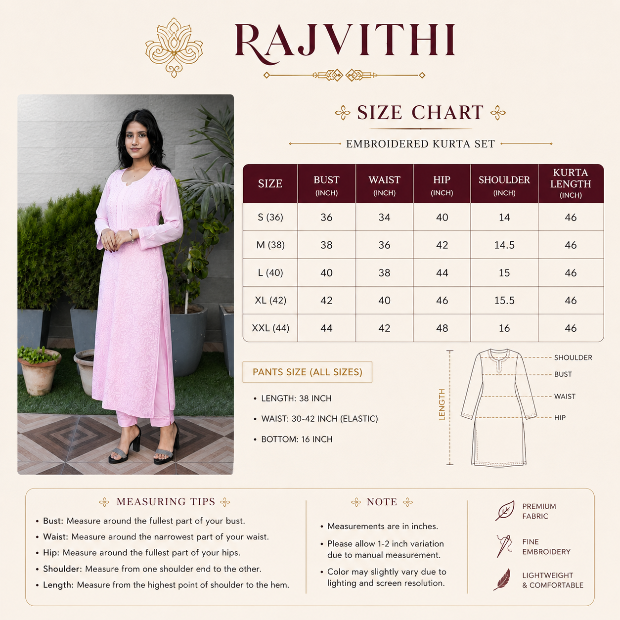 Blush Pink Straight Kurti with Subtle Embroidery