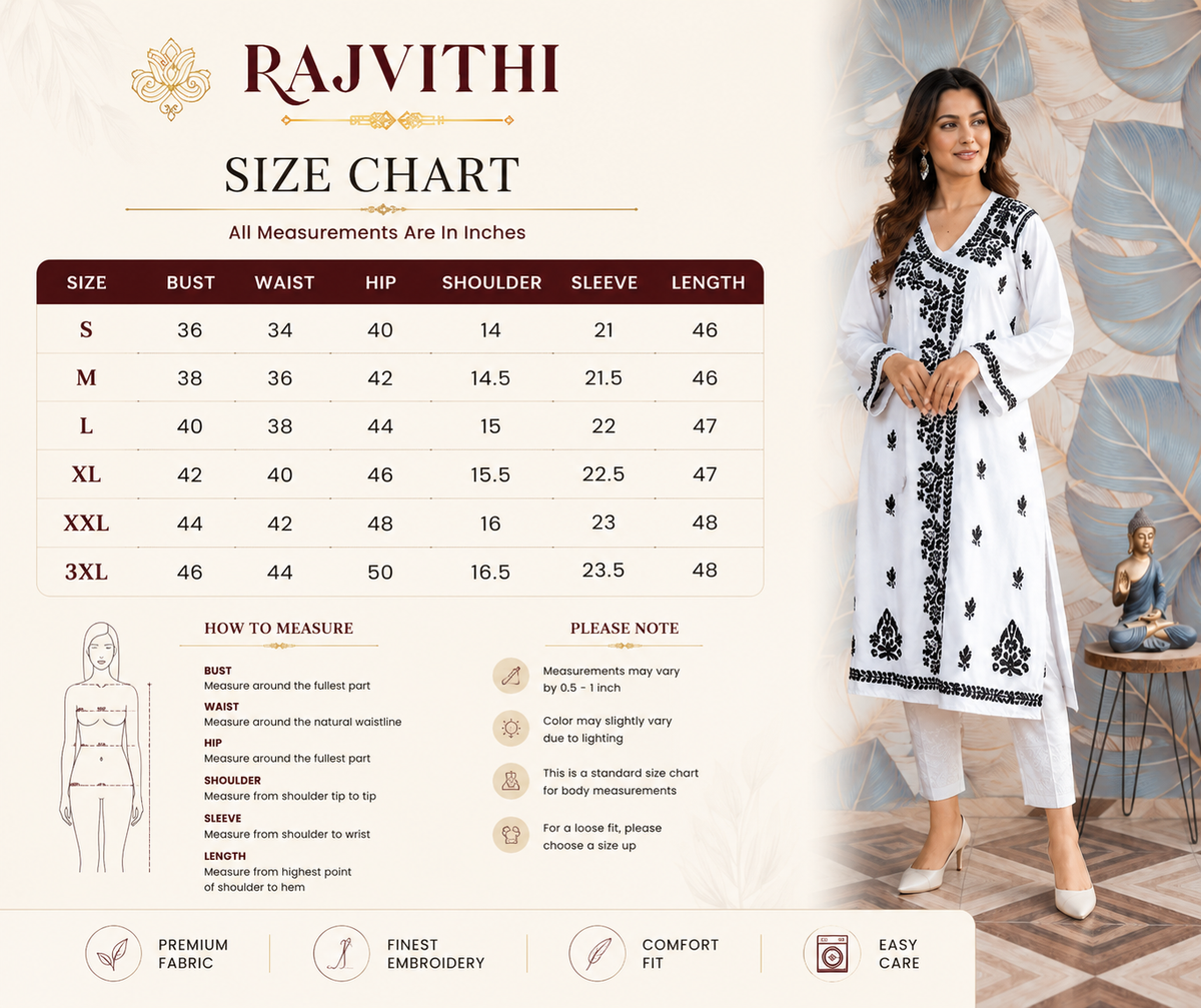 White Black Printed Anarkali Kurti with Floral Detailing for Women | Rajvithi