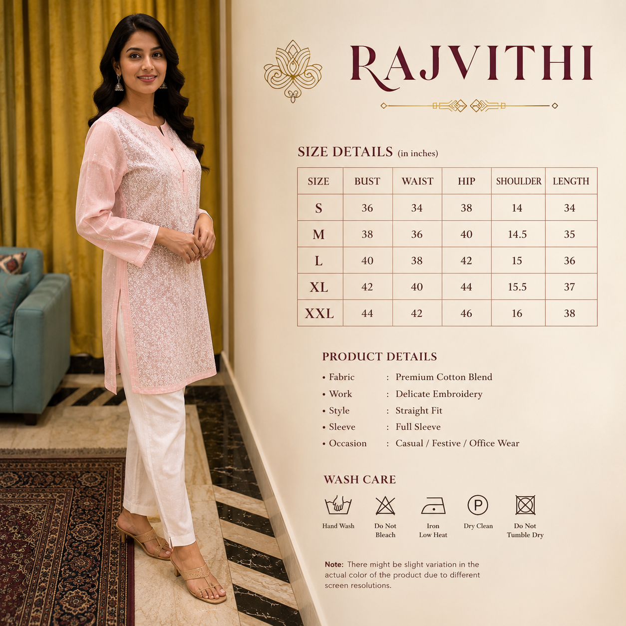 Women's Baby Pink Chikankari Kurti | Premium Embroidered Straight Kurta | Rajvithi