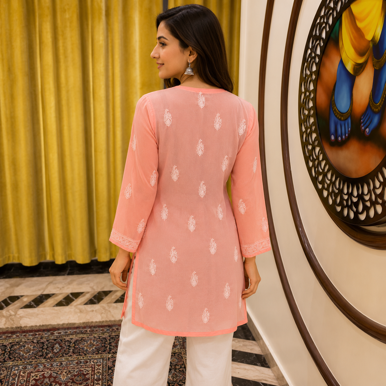 Women's Peach Chikankari Kurti | Premium Embroidered Straight Kurta | Rajvithi