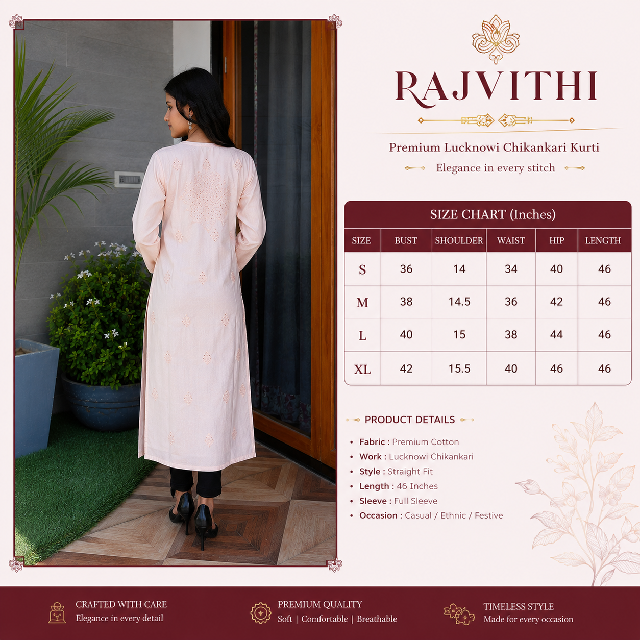 Peach Embroidered Straight Kurti with Delicate Detailing