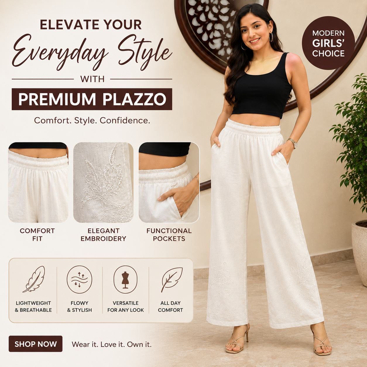 White Chikankari Palazzo for Women | Premium Rayon Ethnic Palazzo | Rajvithi