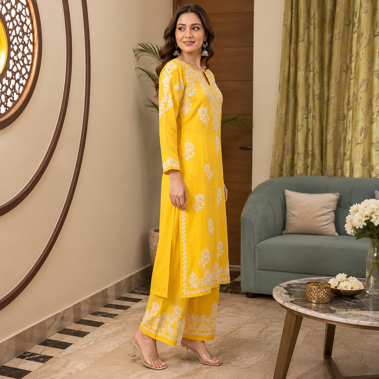 Women's Yellow Rayon Chikankari Kurti with Palazzo Set | Rajvithi