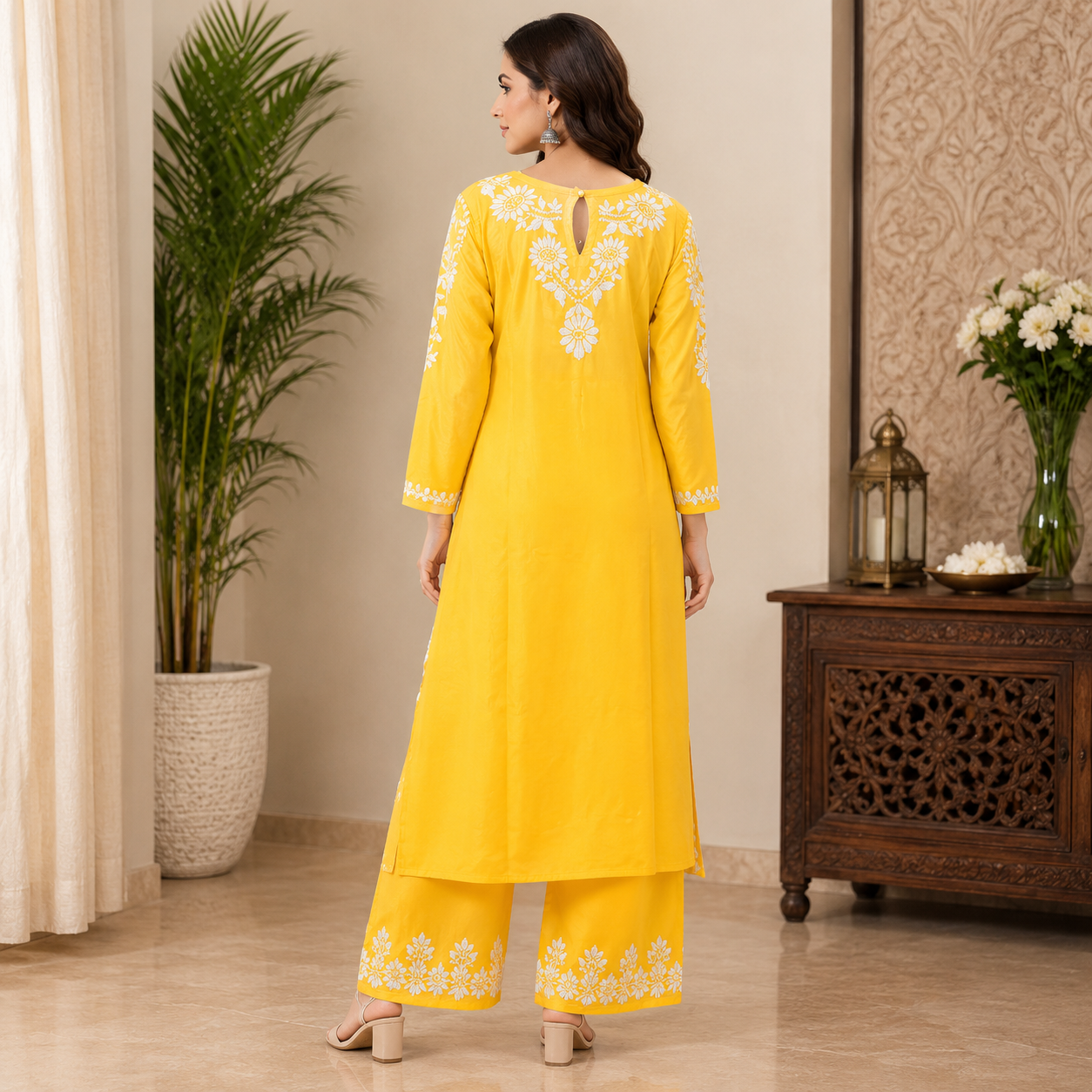 Women's Yellow Rayon Chikankari Kurti with Palazzo Set | Rajvithi