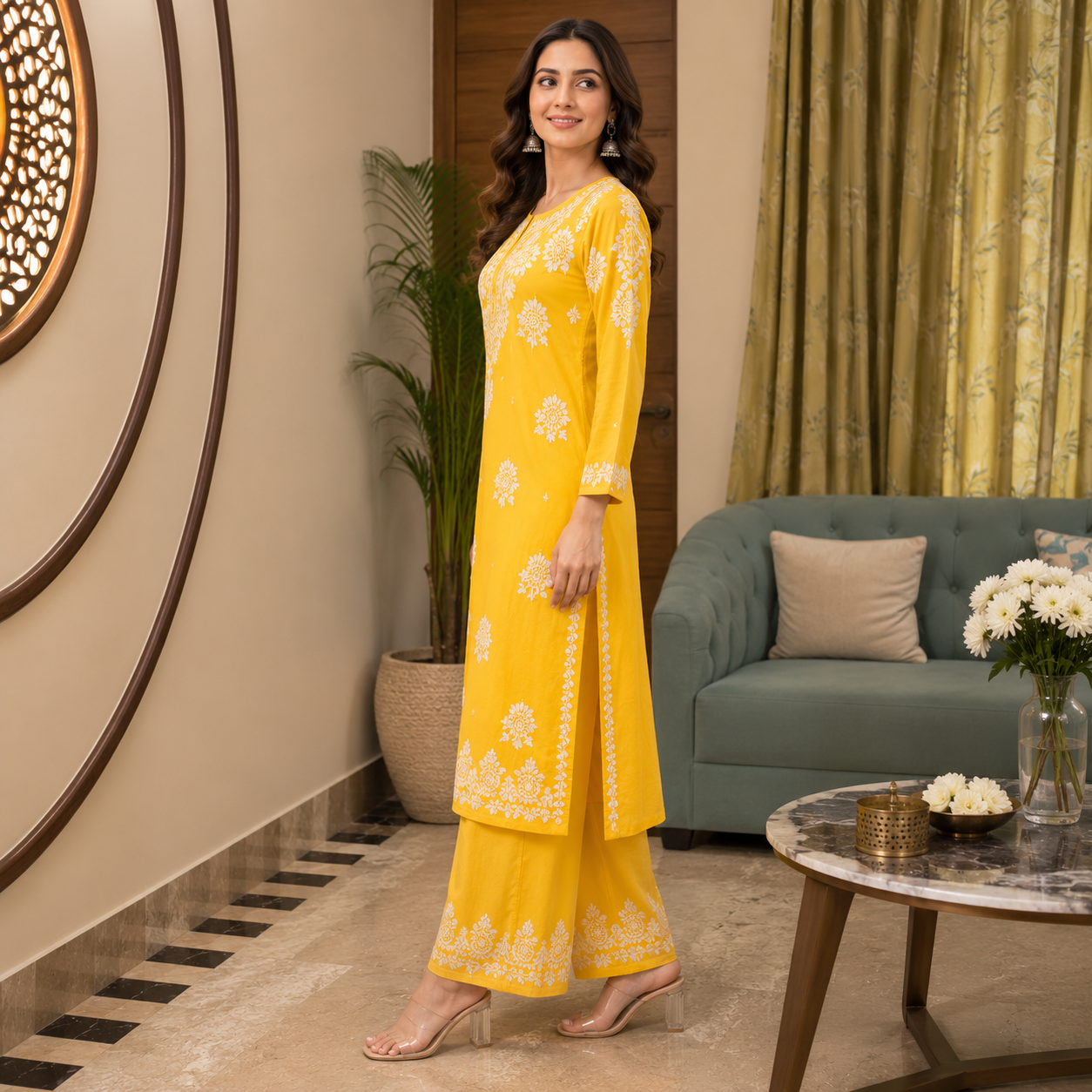 Women's Yellow Rayon Chikankari Kurti with Palazzo Set | Rajvithi