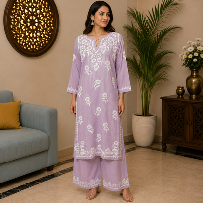 Women's Lavender Rayon Chikankari Kurti with Palazzo Set | Rajvithi