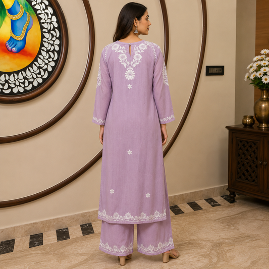 Women's Lavender Rayon Chikankari Kurti with Palazzo Set | Rajvithi