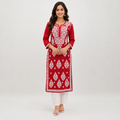 Women's Sindoori Red Rayon Chikankari Kurti | Rajvithi