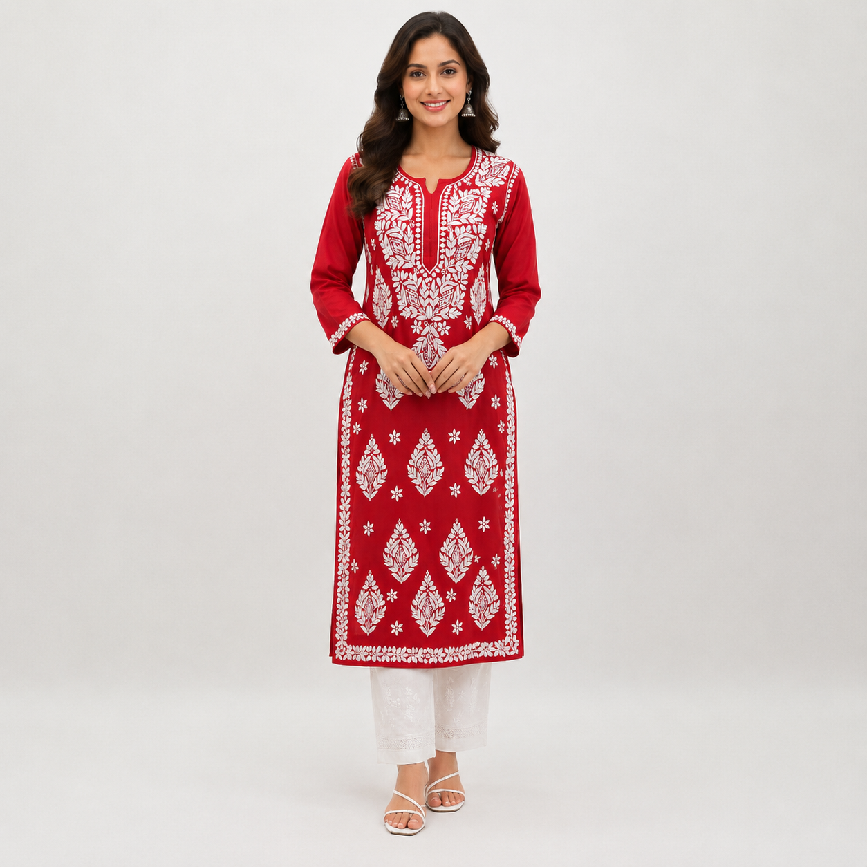 Women's Sindoori Red Rayon Chikankari Kurti | Rajvithi
