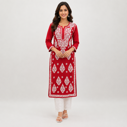 Women's Sindoori Red Rayon Chikankari Kurti | Rajvithi