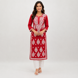 Women's Sindoori Red Rayon Chikankari Kurti | Rajvithi
