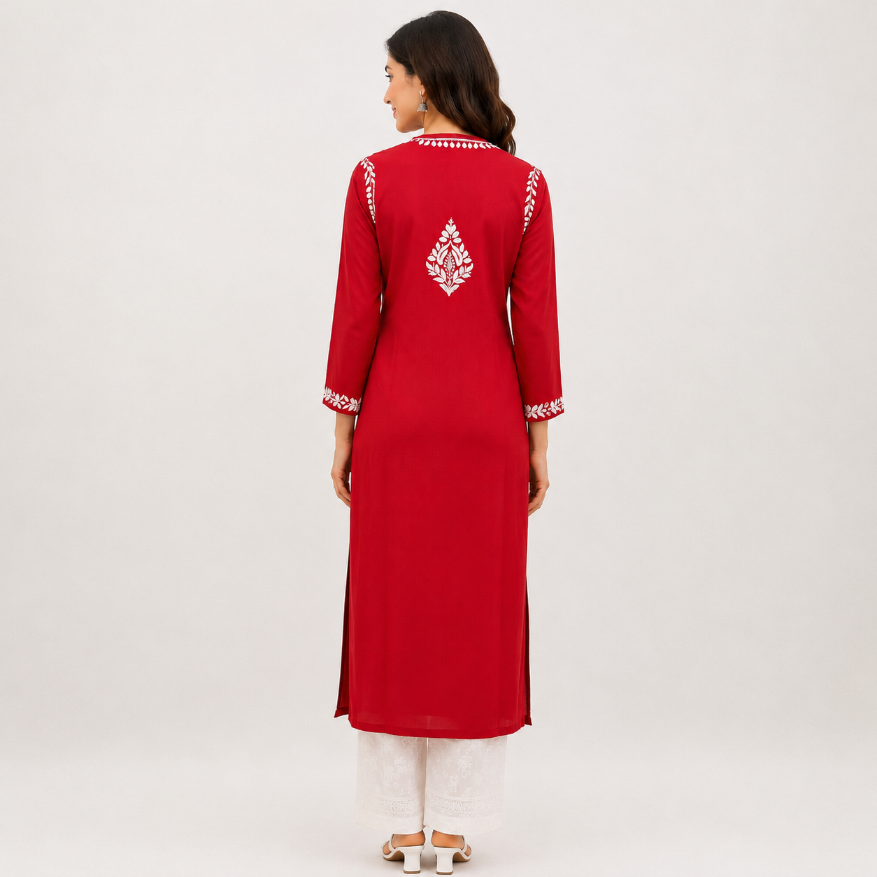 Women's Sindoori Red Rayon Chikankari Kurti | Rajvithi