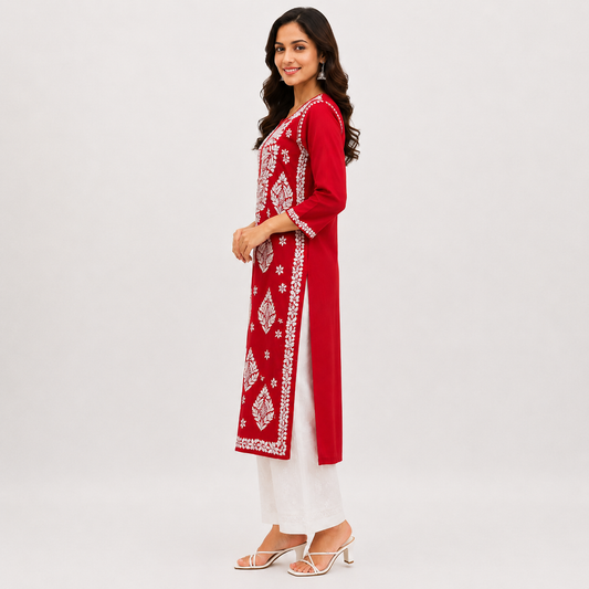 Women's Sindoori Red Rayon Chikankari Kurti | Rajvithi